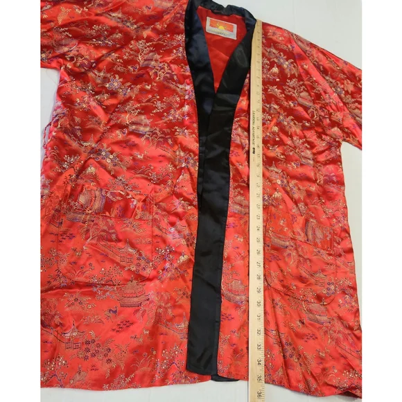 Vintage Oriental Kimono Robe L Red Black Satin Asian Print Lounge Duster Boho - Picture 7 of 9